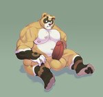 anthro balls big_balls big_penis brown_body brown_fur dot_eyes erection feet fire fur genitals looking_at_genitalia looking_at_penis male muscular paws penis sitting slightly_chubby slightly_chubby_anthro slightly_chubby_male solo mafekoba genshin_impact mihoyo guoba_(genshin_impact) bear mammal hi_res