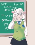 anthro bottomwear breasts chalkboard clothed clothing detailed_background eyewear female female_anthro front_view glasses green_clothing green_sweater green_topwear grey_eyes hair holding_chalk inside looking_at_viewer open_mouth pose school_uniform short_hair skirt smile solo standing sweater text topwear uniform white_hair drafthoof betty_brown bovid bovine cattle mammal 2023 dated digital_drawing_(artwork) digital_media_(artwork) handwritten_text hi_res portrait shaded signature soft_shading three-quarter_portrait