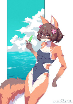 accessory anthro brown_body brown_fur brown_hair clothing cloud female flower flower_in_hair food fur hair hair_accessory looking_at_viewer multicolored_body multicolored_fur one-piece_swimsuit orange_body orange_eyes orange_fur plant popsicle sea solo swimwear water white_body white_fur falseconstruct canid canine fox mammal hi_res