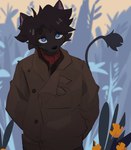 2024 anthro biped black_body black_fur blue_eyes brown_clothing brown_jacket brown_topwear clothing collar dirtypawsz_(artist) domestic_cat felid feline felis fur hi_res jacket looking_at_viewer male mammal red_collar solo topwear