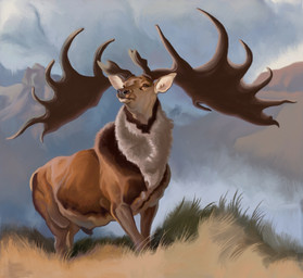 animal_genitalia antlers brown_body brown_eyes brown_fur cloud feral fully_sheathed fur genitals grass horn huge_antlers looking_aside male mountain multicolored_body multicolored_fur plant quadruped sheath solo standing tan_body tan_fur white_body white_fur agustindiazart cervine deer mammal megaloceros prehistoric_species 2025 hi_res