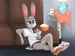 3_toes anthro blush bowl bra breasts clothed clothing container crossed_legs cup detailed_background duo feet female fingers food foot_fetish fur furniture grey_body grey_fur lamp male male/female micro panties pawpads paws popcorn purple_eyes shirt size_difference sofa toes topwear underwear donnadoll18 disney zootopia judy_hopps nick_wilde canid canine fox lagomorph leporid mammal rabbit red_fox true_fox 4:3 digital_media_(artwork) hi_res