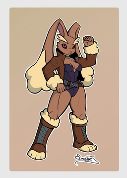 anthro belt belt_buckle big_ears black_sclera boots breasts brown_body brown_fur buckle butt choker clothed clothed_female clothing collar corset dark_sclera eyebrows female flexing flexing_bicep flexing_muscles fluffy fluffy_ear footwear fur jacket jewelry leather leather_clothing leather_corset leather_jacket leather_lingerie leather_topwear lingerie muscular muscular_anthro muscular_female necklace pose pupils red_pupils shoes simple_background solo tail thick_eyebrows thick_thighs topwear yellow_body yellow_fur elmistorr marvel marvel_rivals nintendo pokemon rogue_(marvel) rogue_lopunny_(mangakitsune2) generation_4_pokemon humanoid lagomorph leporid lopunny mammal pokemon_(species) rabbit hi_res