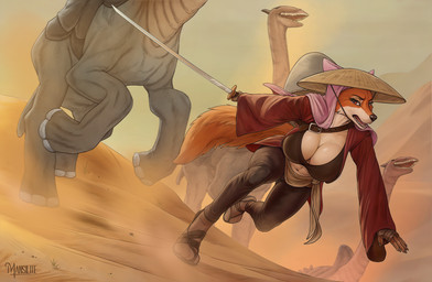 abs ambiguous_gender anthro anthro_focus big_breasts biped bra breasts cleavage clothed clothing desert detailed_background female female_focus feral footwear fur group headgear headwear maid_uniform melee_weapon multicolored_body multicolored_fur muscular muscular_anthro muscular_female navel orange_body orange_fur quadruped red_eyes running solo_focus sword toony two_tone_body two_tone_fur underwear uniform weapon mansilite disney kenshi robin_hood_(disney) maid_marian beak_thing_(kenshi) canid canine fox mammal red_fox true_fox detailed hi_res
