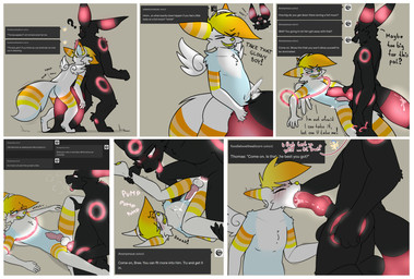 alternate_color anal anal_orgasm anal_penetration anthro anthrofied balls bodily_fluids cum cum_in_ass cum_inside dominant duo ejaculation erection forced genital_fluids genitals glowing glowing_genitalia glowing_penis hands-free humping knot knotted_penis knotting larger_dom male male/male mocking nude oral oral_penetration orgasm penetration penile penile_penetration penis penis_in_ass pokemorph restrained sex simple_background size_difference text tumblr_ask vipy nintendo pokemon tumblr breo_(vipy) brreo canid canine eeveelution fox generation_2_pokemon mammal pokemon_(species) umbreon werecreature absurd_res comic english_text hi_res