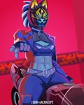 anthro belt blue_body blue_clothing clothing female midriff motorcycle motorcycle_helmet red_background simple_background solo vehicle doathejackalope kda league_of_legends riot_games tencent akali_(lol) felid human mammal pantherine tiger 4:5 hi_res