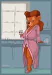 anthro bathrobe bedroom_eyes beverage big_breasts black_nose blue_border border breasts brown_hair clothed clothing coffee_mug container cup dress female hair half-closed_eyes happy heart_before_text heart_container heart_print heart_symbol holding_beverage holding_coffee_mug holding_container holding_cup holding_mug holding_object kitchen long_hair mature_anthro mature_female morning mug narrowed_eyes naughty_face panties print_container print_mug robe seductive smile solo teeth text_on_container text_print text_with_heart thick_thighs underwear victory_rolls vylfgor disney talespin rebecca_cunningham bear mammal 2021 digital_media_(artwork) hi_res