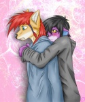 anthro black_clothing black_hair blue_clothing blue_eyes blush braided_hair claws clothing duo hair hoodie hug love male orange_body pink_background purple_body red_hair simple_background standing topwear yellow_eyes meraze meraze_(character) wolf_nanaki canid canine canis mammal mustelid otter red_wolf wolf 2010 5:6