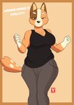 anthro big_breasts black_clothing black_eyes black_shirt black_tank_top black_topwear bottomwear breasts brown_body brown_ears brown_fur brown_nose clothing dancing disappointed female fur grey_bottomwear grey_clothing grey_pants half-closed_eyes multicolored_body multicolored_fur narrowed_eyes orange_background orange_body orange_fur orange_tail pants shirt simple_background solo tail tank_top text topwear two_tone_tail reddoshirousagi06 bluey_(series) chilli_heeler australian_cattle_dog canid canine canis cattledog domestic_dog herding_dog mammal pastoral_dog 2023 digital_media_(artwork) english_text hi_res