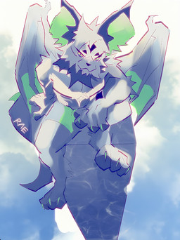 4_fingers anthro clothed clothed_anthro clothed_male clothing fingers fur green_body green_fur grey_body looking_at_viewer male muscular muscular_male partially_clothed paws pecs simple_background sitting solo white_background wings raebitxch bat mammal hi_res