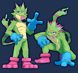 3_fingers 3_toes anthro anthrofied athletic athletic_anthro athletic_male blep clothing crouching feet fingers footwear gloves green_body handwear male smile socks solo toe_socks toes tongue tongue_out zackamperez bandai_namco digimon digimon_beatbreak digimon_(species) gekkomon scalie absurd_res hi_res