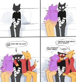 anthro bench biped black_body black_clothing black_eyes black_fur black_shirt black_topwear blush clothing dialogue empty_eyes female fur group homophobic_slur implied_bisexual jacket male on_bench purple_body purple_fur red_clothing red_jacket red_topwear shirt sitting sitting_on_bench speech_bubble text topwear trio yellow_body yellow_fur murace4 canid canine domestic_cat felid feline felis fox mammal 2025 comic english_text hi_res