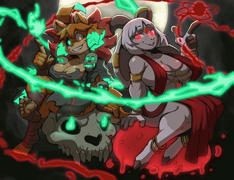 5_toes ahoge anklet anthro big_breasts blood blood_magic bodily_fluids bone bracelet breasts brown_nails cleavage clothed clothing colored_fire colored_nails crossed_legs dress duo feet female fingers fire foot_wraps fur glowing glowing_eyes green_fire hair hand_wraps head_gem hemomancer hooved_fingers hooved_toes hooves horn humanoid_feet humanoid_hands jewelry leg_wraps lipstick magic magic_user makeup nails necromancer pawpads plantigrade plantigrade_pawpads red_lipstick sitting skull soles toes toothy_grin white_body white_fur wraps ceehaz whitelister dog_knight_rpg maci_(ceehaz) nanabah_(whitelister) bovid canid canine canis caprine domestic_dog goat mammal 2025 animated artist_collaboration colored