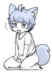 anthro blue_body blue_eyes blue_fur blue_hair blue_tail bodily_fluids bottomless bottomless_male clothed clothing clothing_lift embarrassed feet fur hair kneeling looking_at_viewer male pawpads shirt shirt_lift simple_background solo sweat tail toes topwear white_background white_body white_clothing white_fur white_shirt white_topwear young young_anthro young_male mentha mammal 2018 chinese_description hi_res