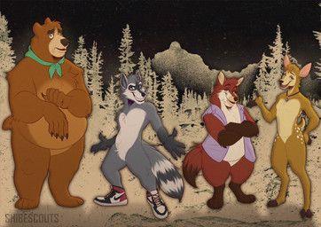 4_toes 5_fingers anthro bottomless brown_body brown_fur clothed clothing feet female fingers flat_chested footwear footwear_only forest fur grey_body grey_fur grin group hindpaw hooves humanoid_hands jewelry kerchief kerchief_only lineup looking_at_viewer male markings mostly_nude neckerchief neckerchief_only necklace necklace_only neckwear nude paws plant red_body red_fur ring_(marking) ringed_tail shoes shoes_only shy smile sneakers standing striped_markings striped_tail stripes tail tail_markings tan_body tan_fur toes topwear topwear_only tree vest vest_only shibescouts mating_season_(series) fawn_(mating_season) josh_(mating_season) penelope_(mating_season) ray_(mating_season) bear brown_bear canid canine deer fox grizzly_bear mammal procyonid raccoon red_fox true_fox ursine absurd_res hi_res