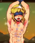 abs blindfold blonde_hair blush bodily_fluids bound clothing hair heart_symbol humanoid_pointy_ears kiss_mark male navel nipples not_furry nude open_mouth panties pecs saliva solo sweat teeth tongue underwear randomboobguy nintendo the_legend_of_zelda link humanoid hylian 2020 digital_media_(artwork) half-length_portrait hi_res portrait signature