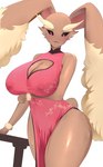 anthro asian_clothing big_breasts breasts chinese_clothing chinese_dress cleavage clothed clothed_anthro clothed_female clothing dress dress_only east_asian_clothing eyebrows female fingers looking_at_viewer nipple_outline simple_background solo white_background sana!rpg nintendo pokemon generation_4_pokemon lopunny pokemon_(species) 2023 digital_media_(artwork) hi_res