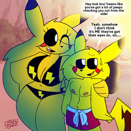 anthro anthrofied big_breasts bikini black_sclera blonde_hair bottomwear breasts cleavage clothed clothing dialogue duo eyelashes female hair huge_breasts long_hair male navel open_mouth pokemorph shorts smile swimwear tail text thick_thighs two-piece_swimsuit white_eyes wide_hips yellow_body unfortu-nate nintendo pokemon skye_(unfortu-nate) zach_(unfortu-nate) generation_1_pokemon pikachu pokemon_(species) 1:1 2026 digital_media_(artwork) english_text hi_res brother_(lore) brother_and_sister_(lore) sibling_(lore) sister_(lore)