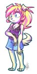 anthro barefoot blonde_hair blue_eyes bottomwear breasts chest_tuft clothing feet female hair shorts simple_background solo standing tan_body tuft white_background vaporotem vap_(vaporotem) canid canine canis domestic_dog mammal 2007