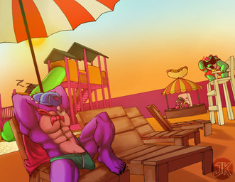 abs anthro beach bodily_fluids clothing erection food genital_fluids green_body group hot_dog male nipples paws pink_body precum purple_body sleeping snoring solo trio underwear water white_body jaskeywolf brawl_stars supercell_(company) buzz_(brawl_stars) doug_(brawl_stars) pierce_(brawl_stars) dinosaur prehistoric_species reptile scalie hi_res watermark