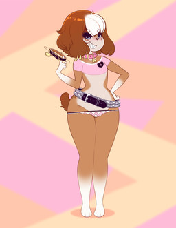 abstract_background anthro belt black_belt black_collar blue_eyes bottomwear broken_heart brown_body brown_fur brown_hair cartoon_freckles clothed clothing collar colored_edge_panties colored_edge_underwear countershade_torso countershading crop_top ear_piercing ear_ring eyebrow_through_hair eyebrows female flat_chested floppy_ears freckled_face freckled_hips freckles fur gloves_(marking) hair hand_on_hip hand_on_own_hip holding_collar holding_object hoop_ear_ring low-riding markings midriff mischievous motion_lines multicolored_body multicolored_fur multicolored_hair panties pattern_bottomwear pattern_clothing pattern_panties pattern_underwear piercing pink_clothing pink_collar pink_crop_top pink_panties pink_shirt pink_topwear pink_underwear ring_piercing sharp_teeth shirt skimpy small_waist solo standing studded_belt studs t-shirt teeth tight_clothing tight_crop_top tight_shirt tight_t-shirt tight_topwear topwear translucent translucent_hair twirling two_tone_body two_tone_fur two_tone_hair underwear white_body white_fur white_hair wide_hips miu penny_(miu) canid canine canis domestic_dog mammal full-length_portrait hi_res portrait nonbinary_(lore)