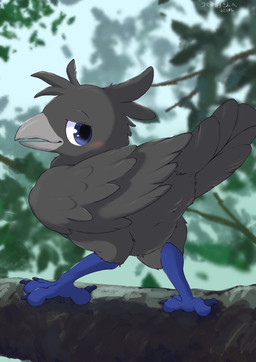 4_toes ambiguous_gender anisodactyl avian_butt avian_feet beak black_body black_feathers blue_eyes blush claws day feathered_wings feathers featureless_crotch feet feral grey_beak grey_body grey_feathers looking_at_viewer looking_back monotone_body open_mouth outside plant smile solo standing tail tail_feathers talons toes tree wings fusau avian bird corvid corvus_(genus) oscine passerine 2022 absurd_res dated detailed digital_media_(artwork) hi_res signature