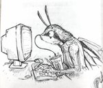 antennae_(anatomy) anthro beverage clothed clothing computer computer_keyboard computer_mouse container cup drinking electronics female fur furniture insect_wings lepidopteran_wings shirt side_view solo table topwear typing wide_eyed wings bedupolker arthropod insect lepidopteran moth absurd_res hi_res