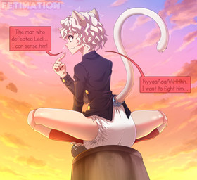 5_fingers ambiguous_gender big_diaper cat_tail clothing cloud crossed_legs crosslegged_pose dialogue diaper eyebrows eyelashes feline_ears fingernails fingers footwear humanoid_hands logo nails outside shoes sitting small_comic solo speech_bubble sunset talking_to_self text topwear fetimation hunter_x_hunter neferpitou animal_humanoid cat_humanoid chimera_ant felid felid_humanoid feline feline_humanoid humanoid mammal mammal_humanoid artist_logo comic english_text