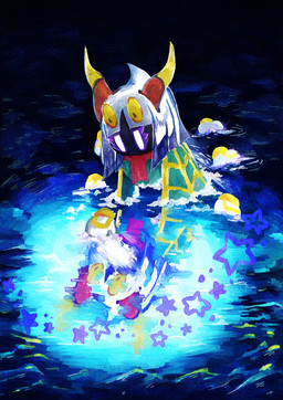 2_horns 4_eyes 6_hands ambiguous_gender detailed_background duo empty_eyes eyelashes female floating_hands full_moon hair horn legless long_hair looking_down moon multi_eye multi_hand night orange_horn purple_eyelashes reflection scarf unusual_anatomy unusual_eye_placement water white_eyes white_hair yellow_eyes yellow_horn soul_os_(artist) kirby:_triple_deluxe kirby_(series) nintendo queen_sectonia_(original_form) taranza arachnid arthropod humanoid spider spidr 2026 digital_drawing_(artwork) digital_media_(artwork) digital_painting_(artwork) hi_res japanese_description painting_(artwork) male_(lore)