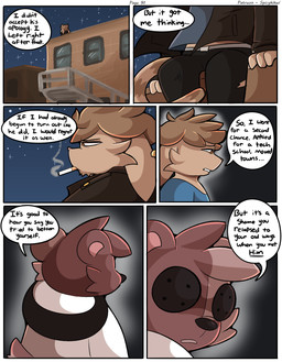 anthro brown_body brown_fur brown_hair building button_(fastener) button_eyes cigarette clothing dialogue duo ear_piercing ear_ring fur hair jacket male night piercing plushie ring_piercing smoking smoking_cigarette star text topwear window young spicykiwi alex_(spicykiwi) bazz_(spicykiwi) animate_inanimate felid feline hybrid living_plushie mammal absurd_res comic english_text hi_res story