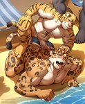 5_fingers 5_toes anthro anthro_on_anthro areola beach biceps claws countershade_face countershade_fur countershade_neck countershade_torso countershading duo_focus erection fangs feet fingers fur genitals glans group humanoid_genitalia humanoid_penis inner_ear_fluff interspecies leopard_spots male male/male muscular muscular_anthro muscular_male nipples open_mouth pecs penis seaside smile spots striped_body striped_fur stripes tail teeth text toes tongue tongue_out trio tuft vein veiny_penis water baiyushou felid leopard mammal pantherine tiger english_text hi_res