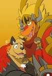 anthro armor blonde_hair clothing duo food fur hair headgear hoodie horn male orange_body red_body simple_background topwear hikazedragon bushiroad future_card_buddyfight mythology drum_bunker_dragon canid canine dragon fox mammal mythological_creature mythological_scalie scalie hi_res