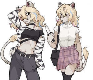 anthro belt biped black_bottomwear black_clothing black_eyes black_pants black_topwear blonde_hair blue_hair bottomwear breasts clothing collar crop_top ear_piercing eyebrow_through_hair eyebrows female fur grabbing_object grabbing_weapon hair knife legwear long_hair long_tail looking_at_object looking_at_viewer midriff mouth_closed multicolored_hair navel open_mouth pants pattern_bottomwear pattern_clothing pattern_skirt pattern_sweater pattern_topwear piercing pink_bottomwear pink_clothing pink_hair pink_skirt shirt simple_background skirt small_breasts solo standing sweater tail tan_body thigh_highs topwear translucent translucent_hair white_clothing white_shirt white_topwear hhonchkrow234 felid lion mammal pantherine hi_res