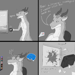 annoyed anthro beverage chair computer container cup detailed_background dialogue electronics featureless_crotch furniture holding_container holding_cup holding_object horn humor male morning navel open_mouth solo tea text window yawn tiny_dragon discord_(app) mythology dragon mythological_creature mythological_scalie scalie 1:1 2025 comic english_text greyscale hi_res monochrome spot_color
