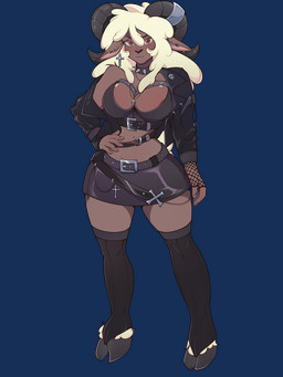 alternative_fashion anthro armwear belt big_breasts bottomwear breasts brown_body brown_fur cleavage clothed clothing collar cross cross_ear_piercing cross_ear_ring cross_piercing curved_horn ear_piercing eyebrows female fishnet_armwear fishnet_clothing fluffy fluffy_tail fur goth hand_on_hip head_horn hooves horn horn_jewelry horn_ring jacket jewelry leggings legwear long_ears nipple_slip nipples piercing red_eyes ring_(jewelry) skirt skull_accessory small_tail smile solo spiked_collar spikes standing stockings tail topwear white_body white_fur white_wool wool_(fur) wool_hair arelvab fan_character bovid caprine mammal sheep 3:4 absurd_res alpha_channel hi_res story story_in_description