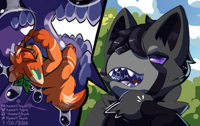 anthro black_body black_fur black_hair black_nose blush bodily_fluids cute_fangs duo excessive_saliva extreme_size_difference fangs food forest_background fruit fruit_slice fur green_blush green_inner_ear green_scarf grey_body grey_fur hair internal internal_oral male male/male markings micro oral_vore orange_body orange_fur orange_hair outside plant poking purple_eyes purple_insides saliva scarf size_difference teeth uvula_play vore white_markings howzit_toyah citrus_orangefluff ailurid domestic_cat felid feline felis mammal red_panda hi_res