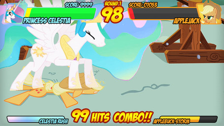 cutie_mark duo feathered_wings feathers female feral fight gameplay_mechanics gui health_bar horn princess quadruped royalty simple_background stomping tail toony white_body white_feathers wings unknown_artist friendship_is_magic hasbro my_little_pony mythology applejack_(mlp) fanmade princess_celestia_(mlp) earth_pony equid equine horse mammal mythological_creature mythological_equine pony winged_unicorn crossover