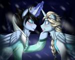 blue_eyes blush dual_persona duo evil_twin feathered_wings feathers female feral hair horn outside snow snowing teeth wings namygaga disney frozen_(disney) hasbro my_little_pony mythology elsa_(frozen) equid equine mammal mythological_creature mythological_equine winged_unicorn crossover hi_res