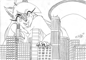 4_fingers anthro apartment big_breasts breasts building cat_tail city claws crushing_building destruction female finger_claws fingers fur macro nude nude_anthro open_mouth outside pointy_ears sharp_teeth solo teeth nandix greece_(nandix) domestic_cat felid feline felis mammal monochrome sketch