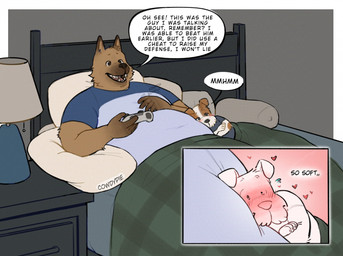 anthro bed bedroom belly blush blush_lines bodily_fluids clothing controller dialogue duo facial_hair flying_sweatdrops furniture game_controller head_on_belly heart_symbol holding_controller holding_game_controller holding_object lying lying_on_another lying_on_bed male male/male mustache navel_outline on_back on_bed overweight overweight_anthro overweight_male pillow romantic romantic_couple scratching shirt size_difference speech_bubble sweat sweatdrop t-shirt talking_to_another talking_to_self text topwear cowdypie canid canine canis domestic_dog german_shepherd herding_dog hunting_dog jack_russell_terrier mammal pastoral_dog terrier 2025 adversarial_noise english_text hi_res