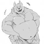 anthro belly biceps big_belly blush bulge clothing eyes_closed humanoid_hands male moobs musclegut muscular navel nipples overweight overweight_anthro overweight_male simple_background solo underwear white_background pukkunnnn canid canine mammal 2019 monochrome