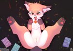 absurd_res anthro bell bell_collar blush canid canine collar female feral fox genitals hi_res looking_at_viewer mammal nia_(senz) open_mouth pawpads pussy senz solo spread_legs spreading text tongue tongue_out url