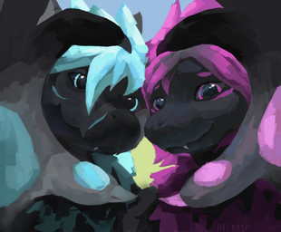 anthro black_body black_fur blue_body blue_eyes blue_fur blue_hair duo fangs female fur grey_body hair looking_at_viewer male neck_tuft outside pink_body pink_eyes pink_hair simple_background sky smile teeth tuft hilyasp mythology dragon furred_dragon furred_scalie mythological_creature mythological_scalie scalie absurd_res digital_media_(artwork) digital_painting_(artwork) hi_res painting_(artwork)