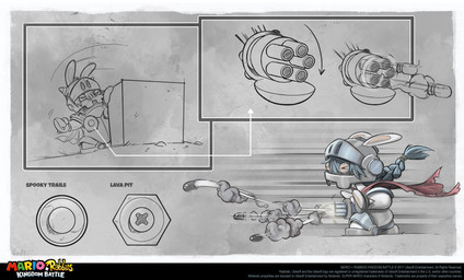 action_pose anthro armor black_eyes block blue_hair braided_hair cape clothed clothed_anthro clothed_female clothing copyright_symbol directional_arrow female female_anthro fur gatling_gun grass green_hair_tie grey_background grey_helmet gun hair hand_pawpads headgear helmet knee_pads light long_hair machine_gun mitten_hands motion_lines narrowed_eyes pauldron pawpads plant pose ranged_weapon red_cape red_clothing rock sabatons shooting simple_background solo squint standing symbol tan_eyelids tan_inner_ear tan_pawpads text title torn_cape torn_clothing weapon white_body white_fur year claudia_tuci mario_bros mario_plus_rabbids_kingdom_battle nintendo raving_rabbids rayman_(series) ubisoft valkyrie_(mario_plus_rabbids) lagomorph mammal rabbid 2018 absurd_res adobe_photoshop_(artwork) colored crossover digital_drawing_(artwork) digital_media_(artwork) english_description english_text hi_res lighting multiple_images official_art shaded