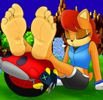 4_toes anthro barefoot clothed clothing eyes_closed feet female foot_focus gloves hair handwear machine red_hair sleeping soles toes xcosmicfetishx archie_comics sega sonic_the_hedgehog_(archie) sonic_the_hedgehog_(comics) sonic_the_hedgehog_(series) sally_acorn badnik mammal motobug robot rodent sciurid tree_squirrel