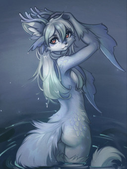 anthro antlers bangs biped breasts brown_eyes casual_nudity day female female_anthro fur hair horn long_hair looking_at_viewer medium_breasts nude nude_anthro nude_female outdoor_nudity outside pose rear_view solo standing tail teeth three-quarter_view wet wet_body wet_fur wet_hair yshanii mammal 2025 3:4 blue_theme digital_drawing_(artwork) digital_media_(artwork) hi_res portrait restricted_palette three-quarter_portrait