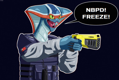4_fingers aiming_weapon apode armor blue_body blue_clothing bulletproof_vest clothing demanding dialogue electronics electroshock_weapon fangs fingers flag flashlight legless long_nails long_sleeve_shirt male markings multicolored_body nails open_mouth orange_markings outlined police police_uniform pupils radio ranged_weapon serpentine simple_background slit_pupils solo speech_bubble striped_markings stripes taser teeth text topwear uniform weapon white_clothing wire yelling yellow_eyes tamhigan_(artist) x-com fan_character officer_roth alien draconcopode naga reptile scalie snake viper_(x-com) cel_shading digital_drawing_(artwork) digital_media_(artwork) digital_painting_(artwork) english_text hi_res painting_(artwork) shaded signature