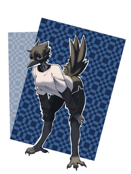 anthro bent_over black_body breasts choker claws eyeliner female hair hands_on_knees hands_on_legs jewelry long_sleeves makeup medium_breasts necklace non-mammal_breasts pattern_background simple_background solo jmaf33r raven_(jmaf33r) avian bird corvid corvus_(genus) oscine passerine raven 3:4 hi_res