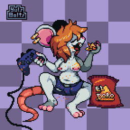 anthro bottomwear breasts chips_(food) clothed clothing controller corn_chips ear_piercing female food game_controller navel nipple_piercing nipples paws piercing shorts solo topless topless_anthro topless_female yulsbolts doritos frito-lay mammal murid murine rat rodent 1:1 digital_media_(artwork) hi_res pixel_(artwork)
