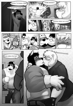 anthro anthro_on_anthro belt blush clothing dialogue drunk facial_hair goatee grope group kissing male male/male overweight shirt speech_bubble substance_intoxication tank_top text topwear undressing blazingcheecks bobo_(blazingcheecks) bear canid canine canis mammal wolf comic english_text greyscale hi_res monochrome multiple_scenes